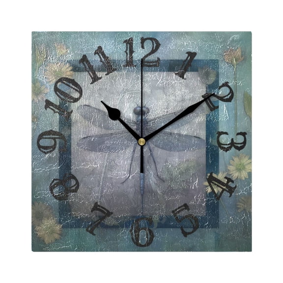 Dragonfly Frame Flowers Wall Clock Square Silent Non Ticking Battery Operated Clock for Home Bathroom Kitchen Bedroom Living Room