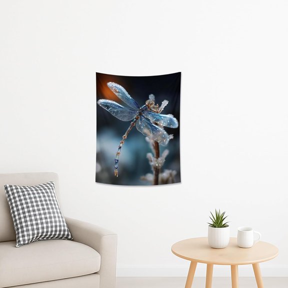 Dragonfly Frost Aesthetic Tapestry, Winter Sparkles Decorative Wall Hanging, Nature-Inspired Mystical Art for Bedroom, Living Room, Dorm 30x40 Inch