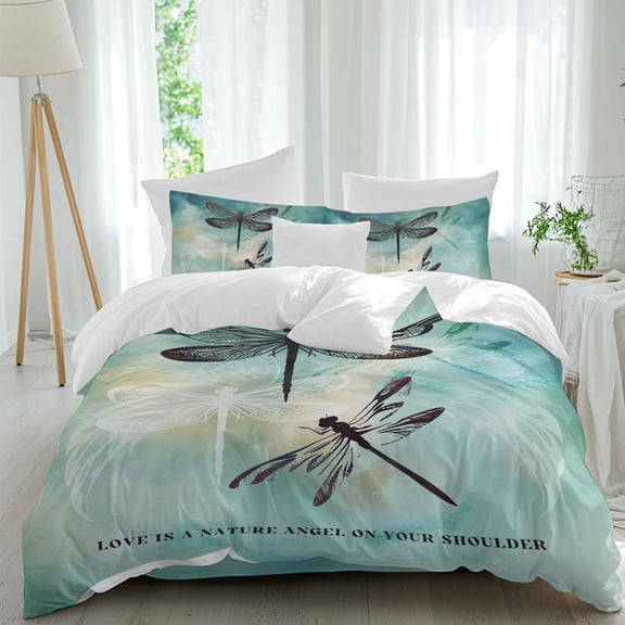 Dragonfly Full Size Comforter Set, Abstract Animal Teal Green Yellow Gradient Text Bedding for All Seasons, 4 Pcs Bed Set, 1Quiltcover (86"x86") ,1Sheet(80"x116"), 2Pillowcases (30"x20")