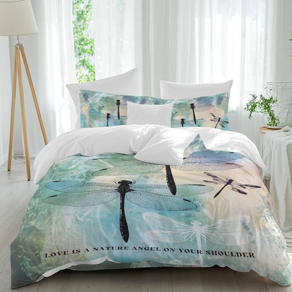 Dragonfly Full Size Comforter Set, Animal Teal Green Yellow Gradient Text Bedding for All Seasons, 4 Pcs Bed Set, 1Quiltcover (86"x86") ,1Sheet(80"x116"), 2Pillowcases (30"x20")