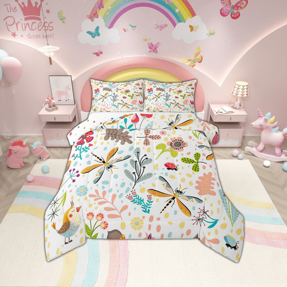 Dragonfly Full Size Comforter Set Cute Dragonfly Bedding Set ,Cartoon Woodland Botanical Floral Bedding Comforter Sets,Nature Leaves Plant Bird Quilt Duvet 3 Pcs