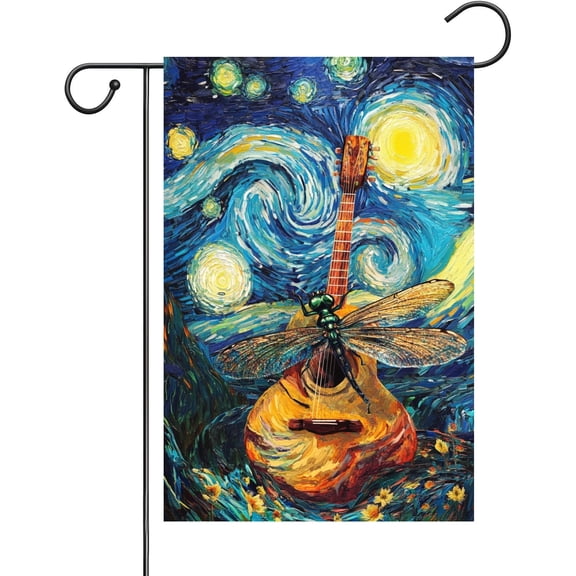 Dragonfly Garden Flag 12x18 Inch Oil Painting Style Guitar Design Burlap Yard Flag for Outdoor Patio and Garden Decoration