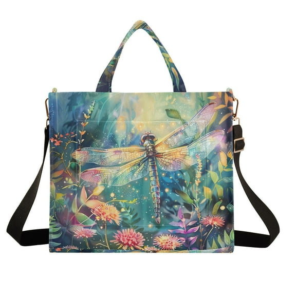 Dragonfly Garden Flowers Corduroy Tote Bag Handbag Large Messenger Bag Shoulder Crossbody Zipper Bag Purse