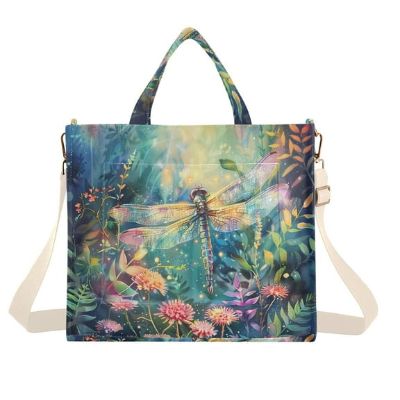 Dragonfly Garden Flowers Corduroy Tote Bag Handbag Large Messenger Bag Shoulder Crossbody Zipper Bag Purse