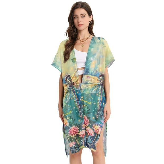 Dragonfly Garden Flowers Women Swimsuit Cover up V Neck Beach Dress Short Sleeve Vacation Outfits Swimwear
