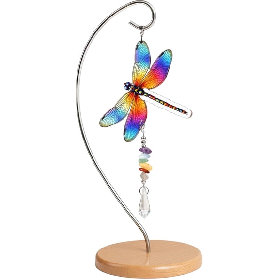 Dragonfly Gifts for Women, Dragonfly Decor for Desk Table Suncatcher Effect | Dragon Fly Decoration Gift For Mom, Stained Glass Effect, Gemstones, Crystal Pendant, 7.87 X 3.54 Inches, Wooden Stand