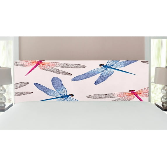 Dragonfly Headboard, Dragonfly Forms High Detailed Ornate Irregular Macro Retro Simplistic Print, Upholstered Decorative Metal Bed Headboard with Memory Foam, King Size, Pink Blue, by Ambesonne