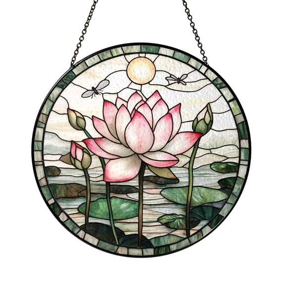 Dragonfly Hovering Over Lotus Pond Stained Glass Style Window Hanging Suncatcher, Calm Botanical Decor Gift