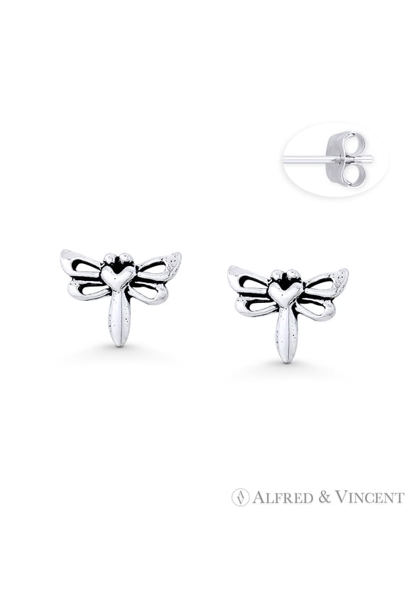 Dragonfly Insect Luck Charm 7x9mm Stud Earrings in Oxidized .925 Sterling Silver