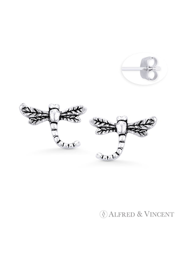Dragonfly Insect Luck Charm Stud Earrings in Oxidized .925 Sterling Silver