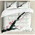 thumbnail image 1 of Dragonfly King Size Duvet Cover Set, Branch of a Pink Cherry Blossom Sakura Tree Bud and A Dragonfly Dramatic Artisan, Decorative 3 Piece Bedding Set with 2 Pillow Shams, Pink Black, by Ambesonne, 1 of 3
