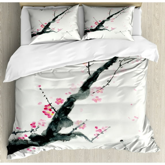 Dragonfly King Size Duvet Cover Set, Branch of a Pink Cherry Blossom Sakura Tree Bud and A Dragonfly Dramatic Artisan, Decorative 3 Piece Bedding Set with 2 Pillow Shams, Pink Black, by Ambesonne
