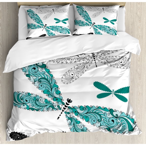 Dragonfly King Size Duvet Cover Set, Ornamental Dragonfly Figures with Lace and Damask Effects Artsy Image, Decorative 3 Piece Bedding Set with 2 Pillow Shams, Teal Turquoise Black, by Ambesonne