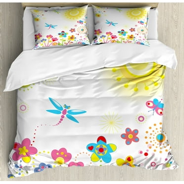 Dragonfly King Size Duvet Cover Set, Summer Themed Floral Backdrop with Sun Rays Colorful Dandelions Happiness Graphic, Decorative 3 Piece Bedding Set with 2 Pillow Shams, Multicolor, by Ambesonne