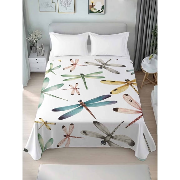 Dragonfly King Size Flat Sheet, Wrinkleproof & Fadeproof Cooling Flat Bed Sheet Only, Watercolor Colorful Nature Painting Art Breathable Soft Bedding Top Sheets 105 x 98 Inches