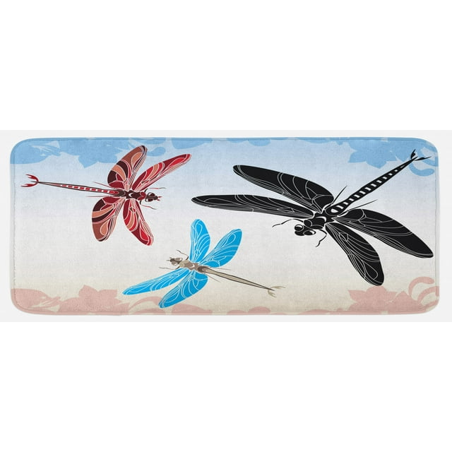 Dragonfly Kitchen Mat, Exotic Dragonflies Flying in Cloud Sky Animal Wing Nature Illustration, Plush Decorative Kitchen Mat with Non Slip Backing, 47" X 19", Black Blue Pale Pink, by Ambesonne