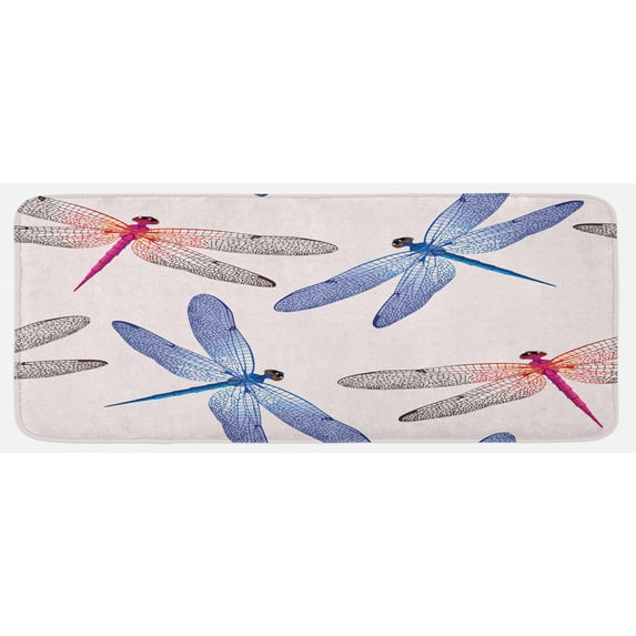 Dragonfly Kitchen Mat, Dragonfly Forms High Detailed Ornate Irregular Macro Retro Simplistic Print, Plush Decorative Kitchen Mat with Non Slip Backing, 47" X 19", Pink Blue, by Ambesonne