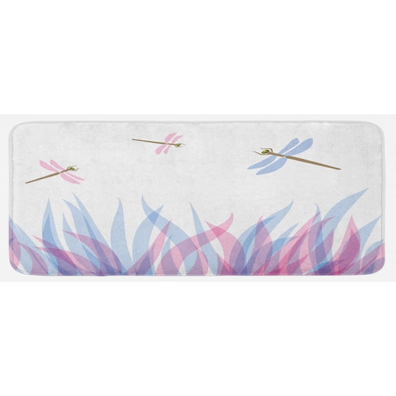 Dragonfly Kitchen Mat, Nature Themed Colorful Birds Like Bugs Flies on Abstract Image, Plush Decorative Kitchen Mat with Non Slip Backing, 47" X 19", Violet Pink and Blue, by Ambesonne