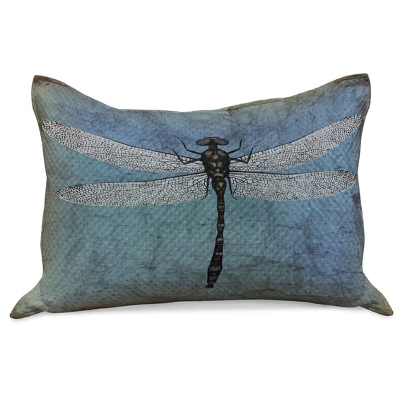 Dragonfly Knitted Quilt Pillowcover, Grunge Vintage Old Backdrop and Dragonfly Bug Ombre Image, Standard King Size Pillow Cover for Bedroom, 30" x 20", Turquoise Dark Blue, by Ambesonne