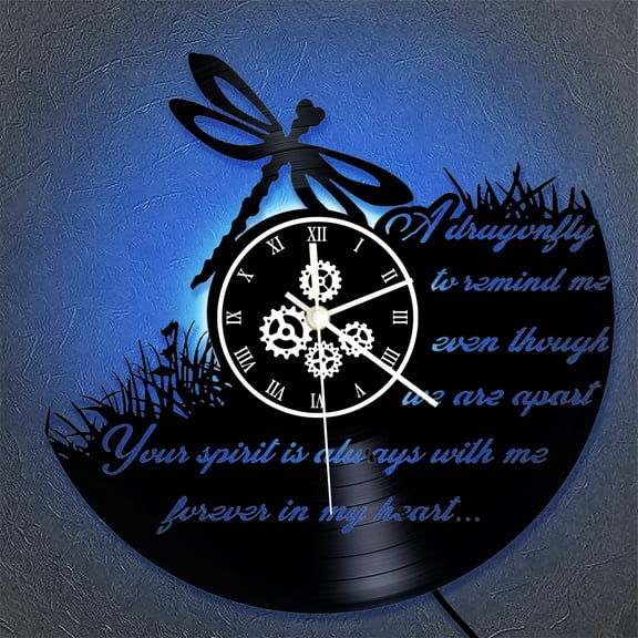 Dragonfly LED Lighting Vinyl Record Wall Clock Dragonflies Flew Away Abstract Animals Nature Home Decor Non Ticking Illuminated Timepieces Laser Engraved Vinyl Record LED Lit Wall Clock