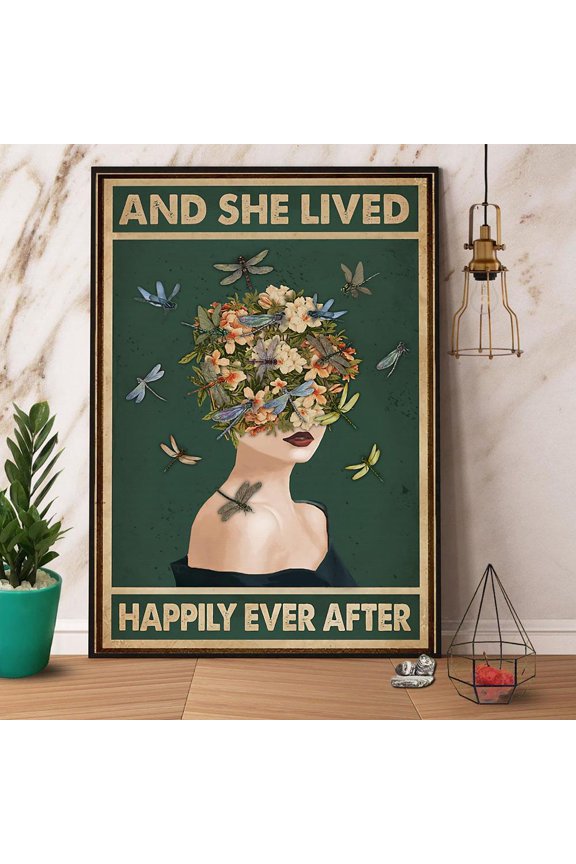 Dragonfly Lady And She Lived Happily Ever After Retro Green Paper Poster No Frame Matte Wall Art Decor 16 x 24 Inch Poster