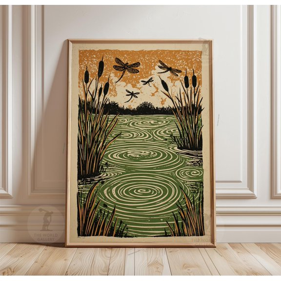 Dragonfly Lake Art Print, Rustic Linocut Nature Wall Decor, Poster Only