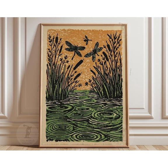 Dragonfly Lake Olive Green Reed Linocut Wall Art Print, Unframed Paper Poster 8x10in