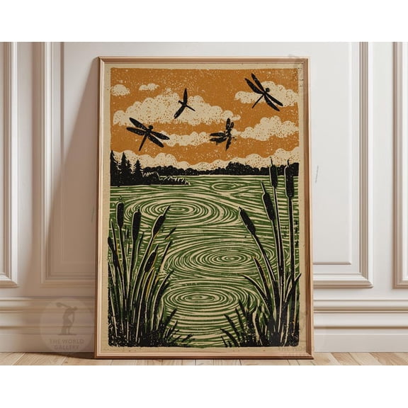 Dragonfly Lake Olive Green Rustic Landscape Wall Art Print, Unframed Paper Poster 8x10in