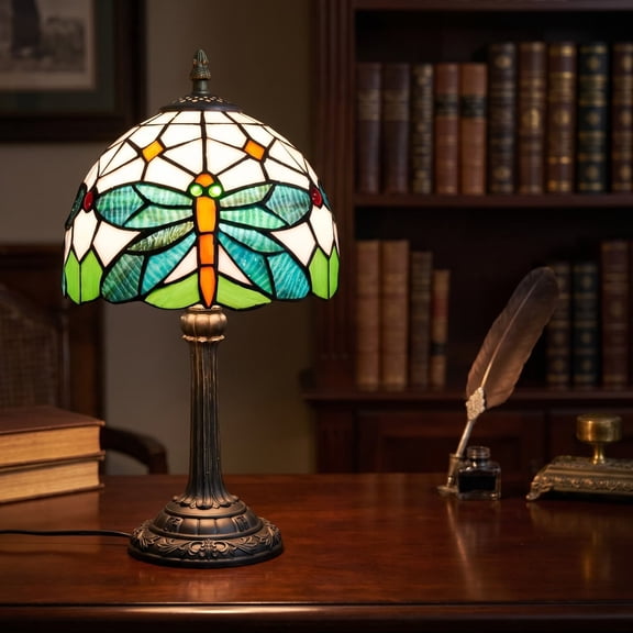 Dragonfly Lamp Green Dragonfly Stained Glass Bedside Lamp Antique Unique Cute Accent Nightstand Light for Home Living Room Office Dormitory Bar Decorate