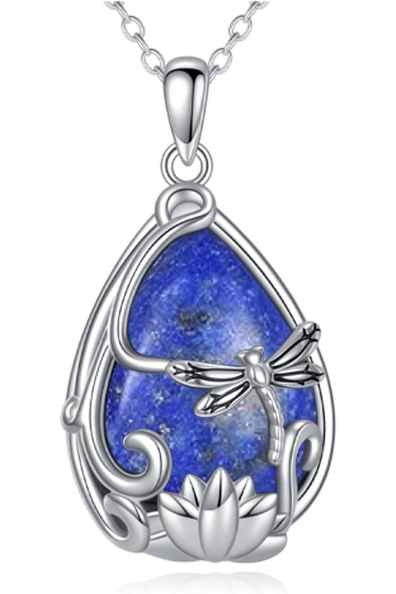 Dragonfly Lapis Lazuli Necklace Sterling Silver 925 Lapis Lazuli Teardrop Pendant Necklaces Dragonfly Lotus Jewelry For Women Female Gifts