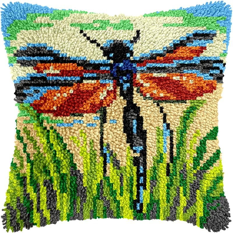 Dragonfly Latch Hook Pillow Kits Cushion Pillowcase with Pattern Printed Canvas Sofa Hooking Pillows Crafts Embroidery Latch Hooking Crochet Kits 17x17 inch(95)