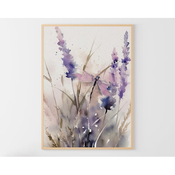 Dragonfly Lavender Floral Art Poster Meadow Wall Art Flowers Artwork, Unframed Poster Size 8x12