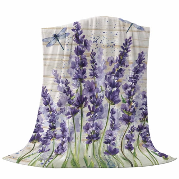Dragonfly Lavender Throw Flannel Blanket Purple Floral Vintage Wood Grain Super Soft Cozy Bed Blanket, Lightweight Plush Fuzzy Bed Throw for Bedroom Sofa Couch Living Room 60x80In,