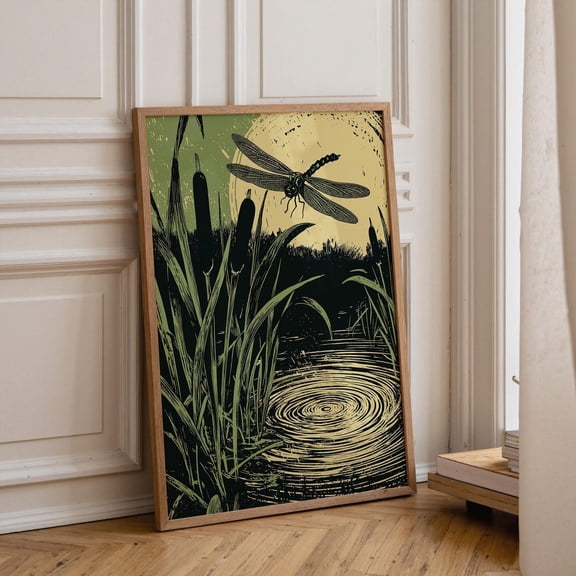 Dragonfly Linocut Pond Nature Minimal Wildlife Graphic Poster Unframed Paper Print