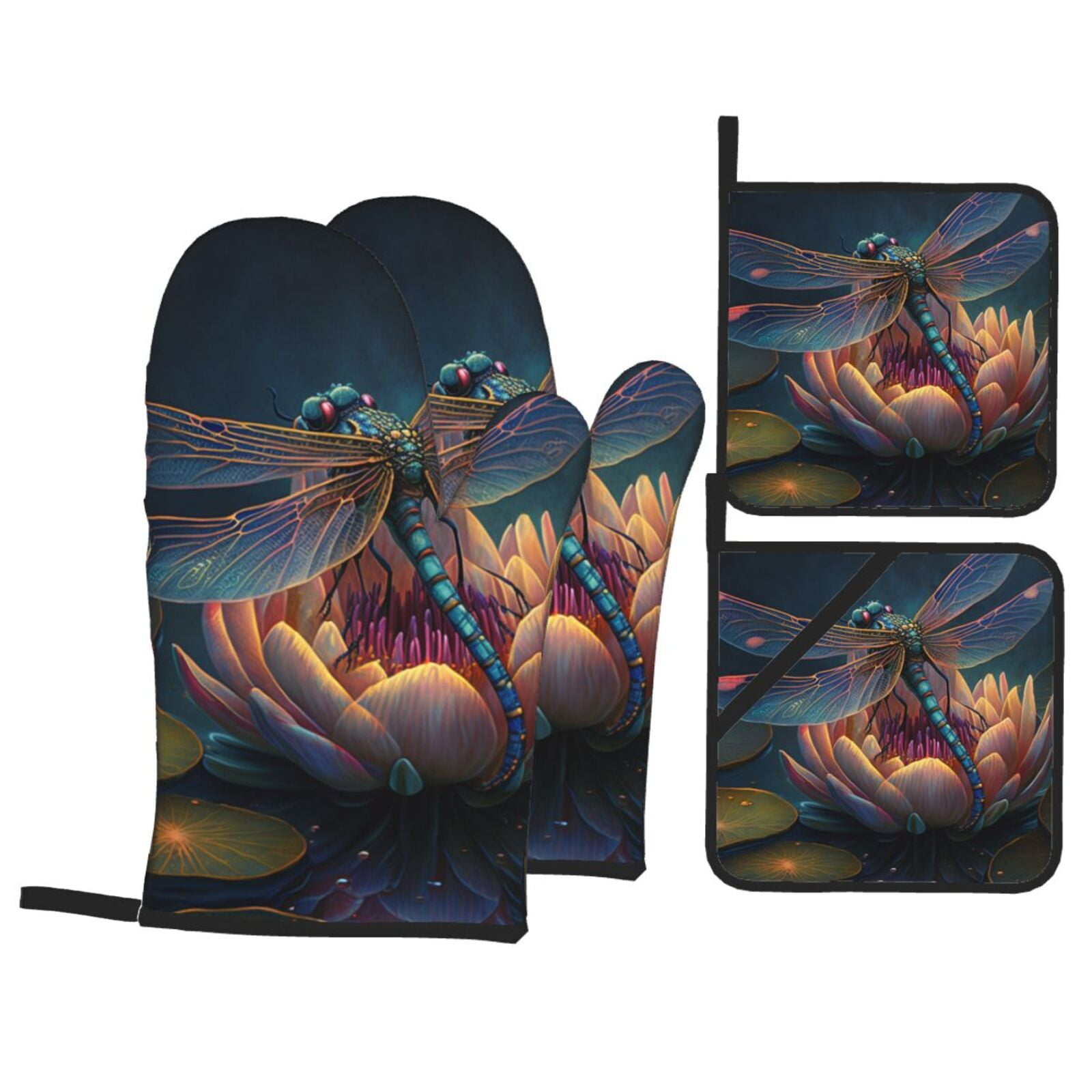 Dragonfly Lotus Cool Art 4Pcs Oven Mitts and Pot Holders Sets Oven Kitchen Gloves Hot Pads for Cooking BBQ Baking Grilling
