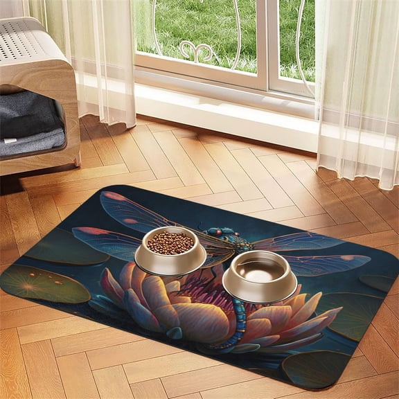 Dragonfly Lotus Cool Art Absorbent PU Leather Pet Feeding Placemat Non-Slip Dog Cat Bowl Mat for Food Water 30x45cm