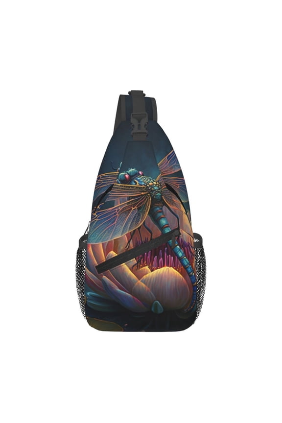 Dragonfly Lotus Cool Art Sling Backpack Shoulder Chest Crossbody Bag Causal Travel Hiking Daypack