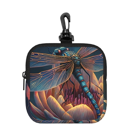 Dragonfly Lotus Cool Art Square Gear Pouch with Lobster Clasp Waterproof Tech Accessory Organizer, Key & Coin Case