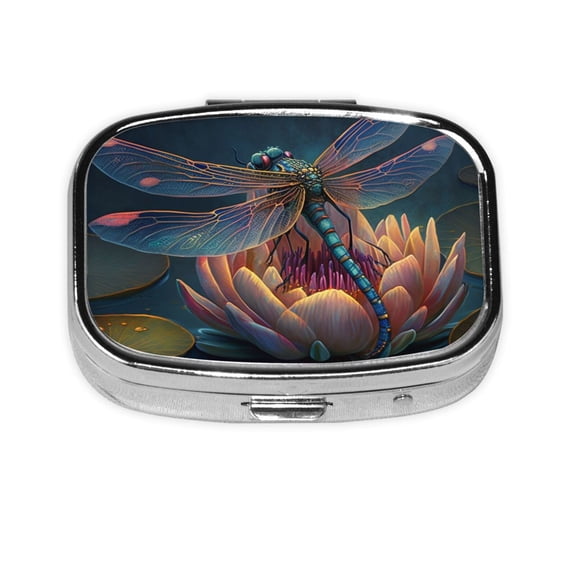 Dragonfly Lotus Cool Art Square Pill Box 2 Compartment Pill Case Medicine Organizer Decorative Gift for Purse Pocket
