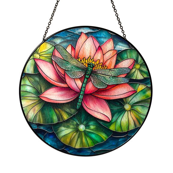 Dragonfly Lotus Flower Stained Glass Window Decoration – Zen Home Decor