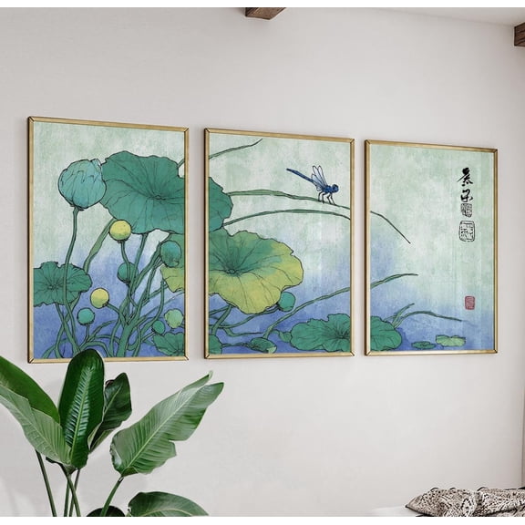 Dragonfly Lotus Pond Japanese Watercolour Art, Poster Only