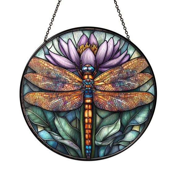 Dragonfly Lotus Stained Glass Window Hanging Graceful Floral Scene Decor Calm Home Accent
