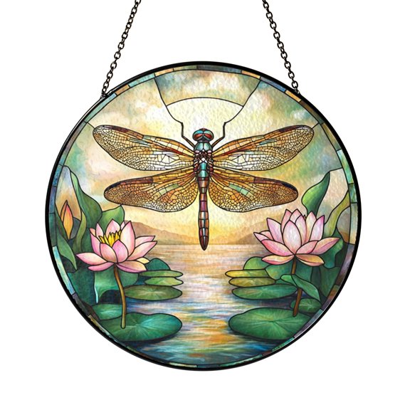 Dragonfly Lotus Stained Glass Window Hanging, Serene Floral Nature Decor Accent for Warm Interiors