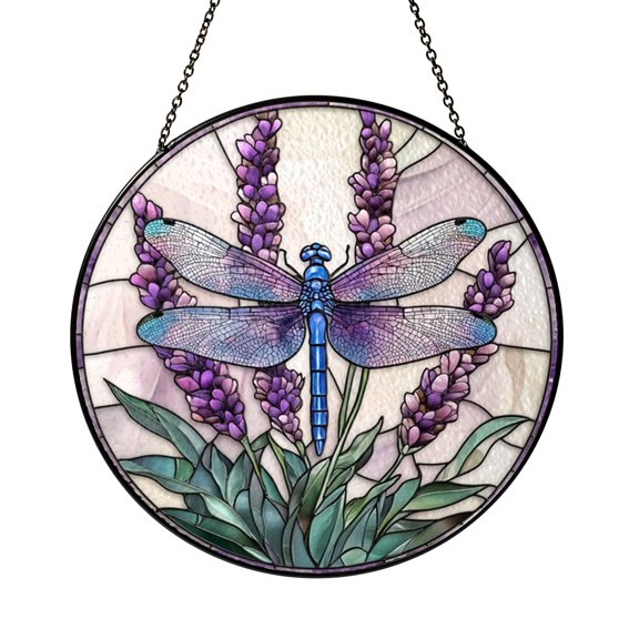 Dragonfly Lupine Stained Glass Style Suncatcher – Window Decor