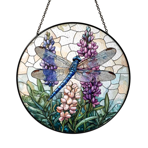 Dragonfly Lupine Stained Glass Window Hanging, Botanical Insect Suncatcher Decor