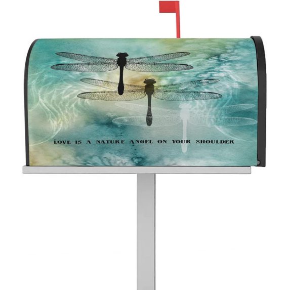 Dragonfly Magnetic Mailbox Cover-Retro Dragonfly Quote Love is a Nature Angel on Your Shoulder Mailbox Covers Standard Size 21x18inch Polyester Mailbox Wraps Cover For Home Garden Outdoor Decoration