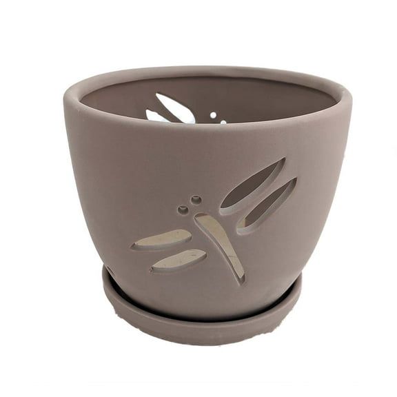 Dragonfly Matte Gray Ceramic Orchid Pot and Saucer + Felt Feet-5 1/2" x 5 1/4"