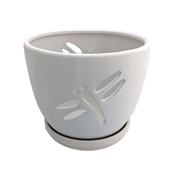 Dragonfly Matte White Ceramic Orchid Pot and Saucer + Felt Feet-5 1/2" x 5 1/4"