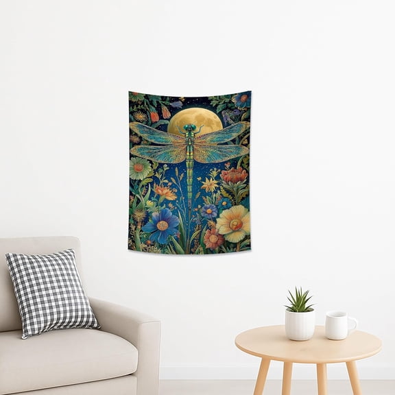 Dragonfly Moon Blue Green Tapestry, Floral Garden Bohemian Room Wall Hanging, Aesthetic Tapestries for Bedroom, Living Room, Dorm, Home Decor 30x40 Inch