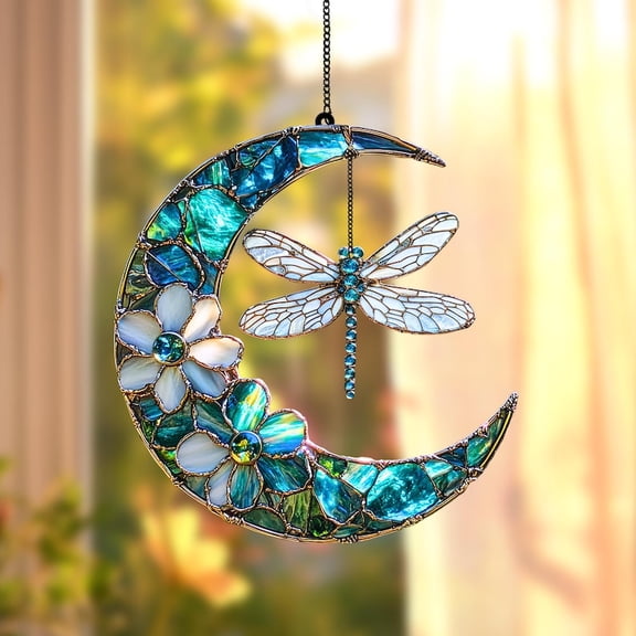 Dragonfly Moon Faux Stained Glass Window Hanging, Acrylic Suncatcher Ornament, Garden Decor for Dragonfly Lovers, Gift for Mother's Day
